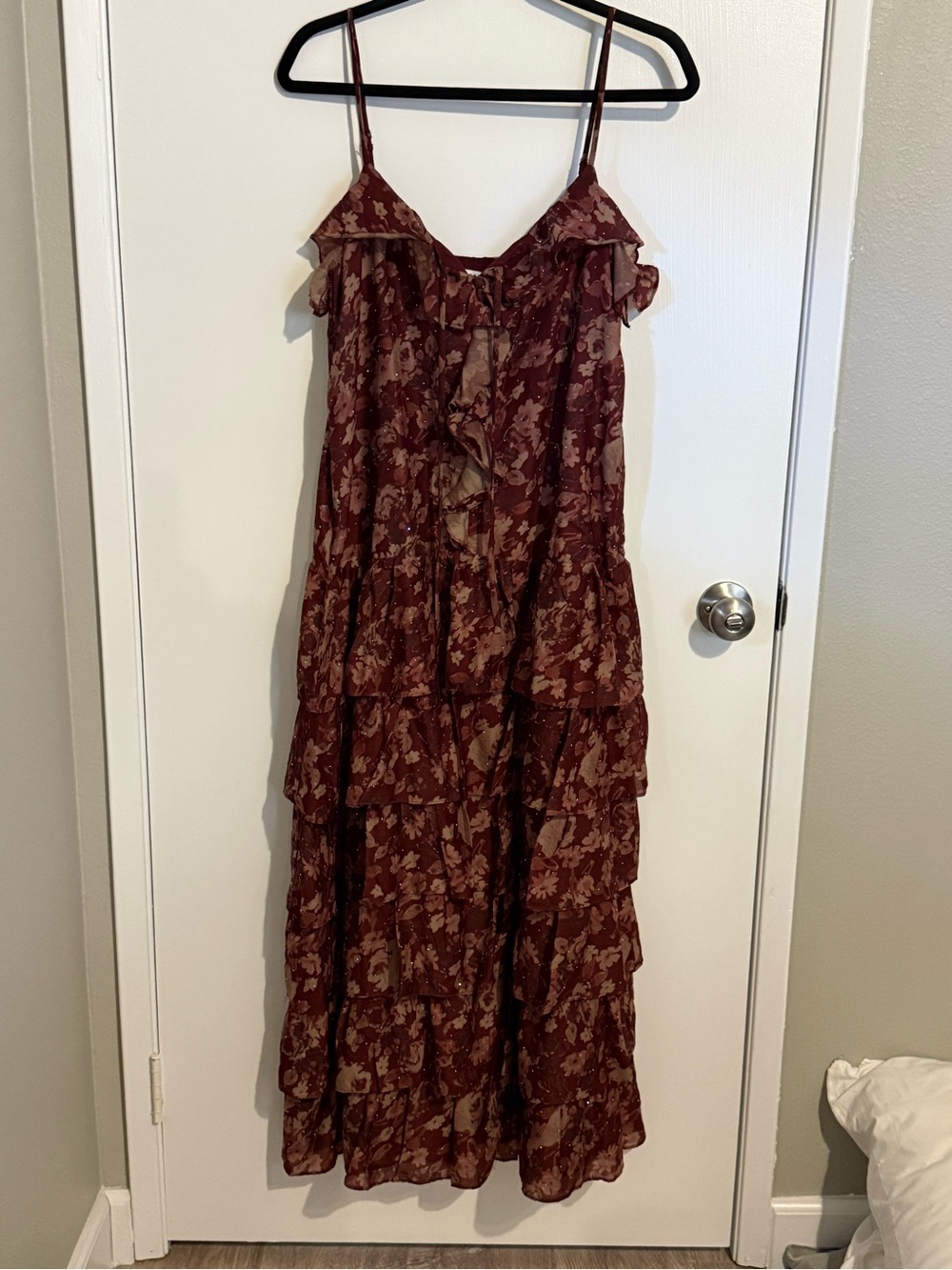 Storia Burgundy Floral Ruffle Tiered Maxi Dress